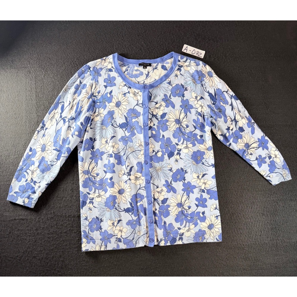 Talbots Petite Blue Floral Cotton Rayon Button Front Cardigan Sweater MP